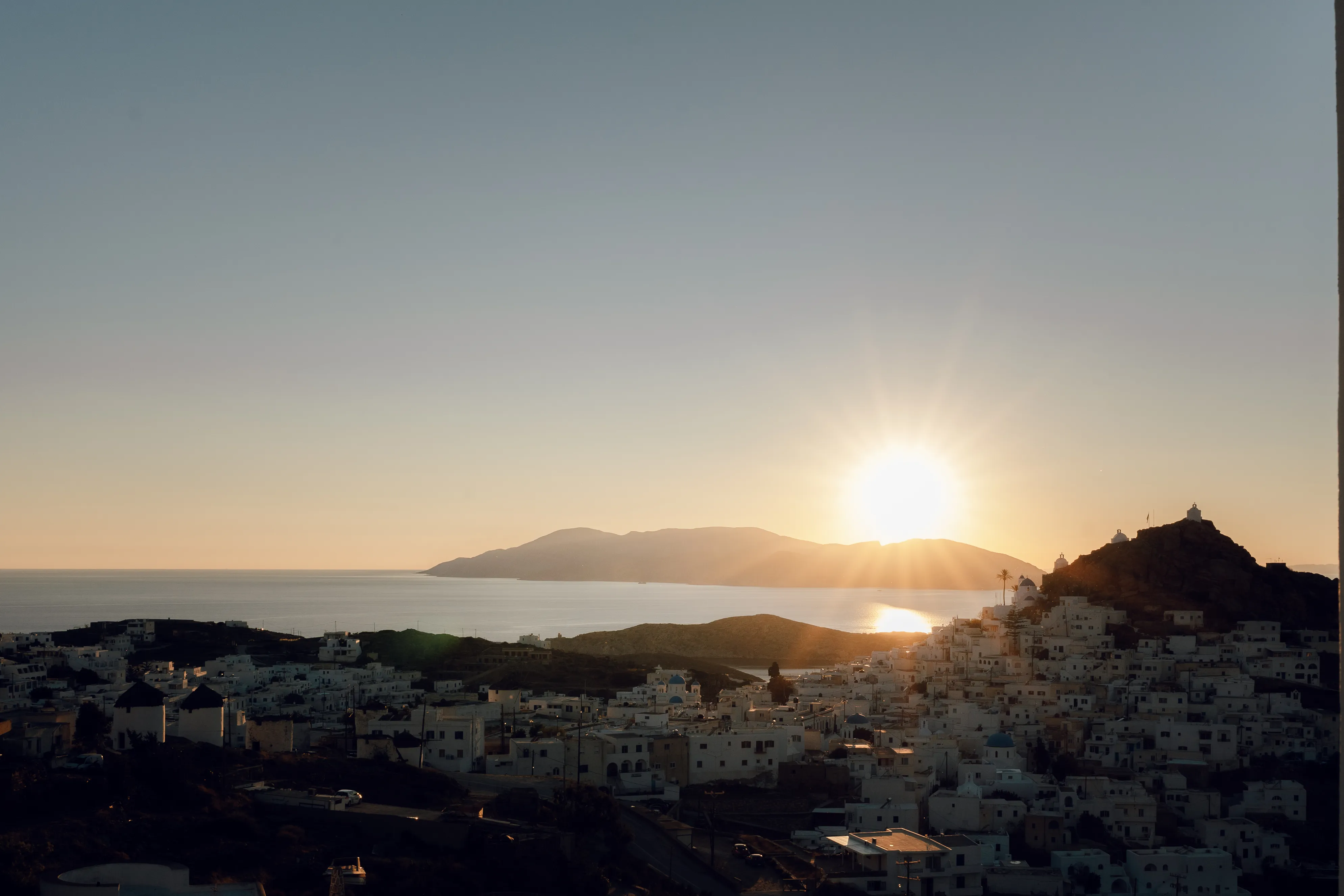 SkalaSunset hotel exterior sunrise view over Chora Ios and surrounding islands